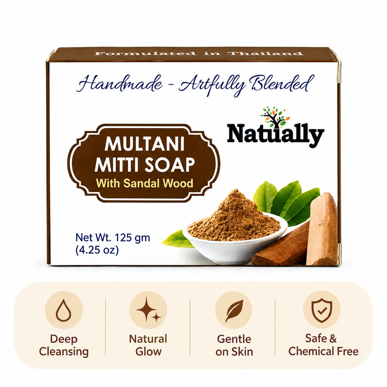 Natually Multani Mitti Soap with Sandal Wood – Handmade Herbal Cleansing Bar - Image 3