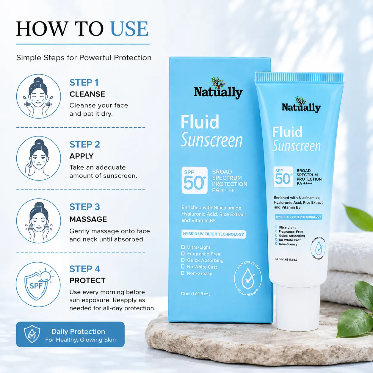 Natually Fluid Sunscreen SPF 50+ | Broad Spectrum Protection PA++++ - Image 4