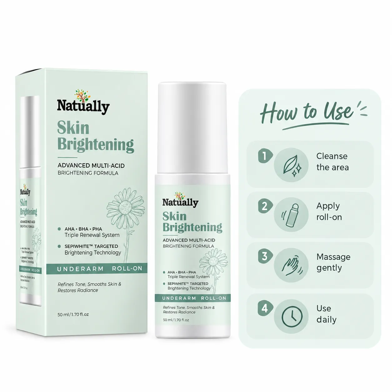 Natually Skin Brightening Underarm Roll-On – Advanced Multi-Acid Brightening Formula, 50 ml - Image 4