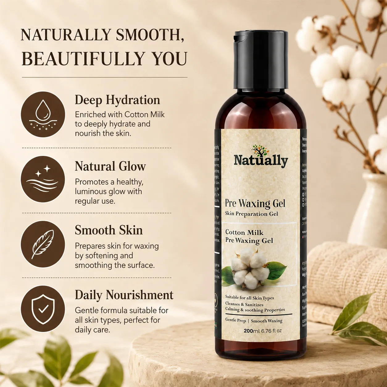 Natually Pre Waxing Gel – Skin Preparation Gel (Cotton Milk) 200ml - Image 2