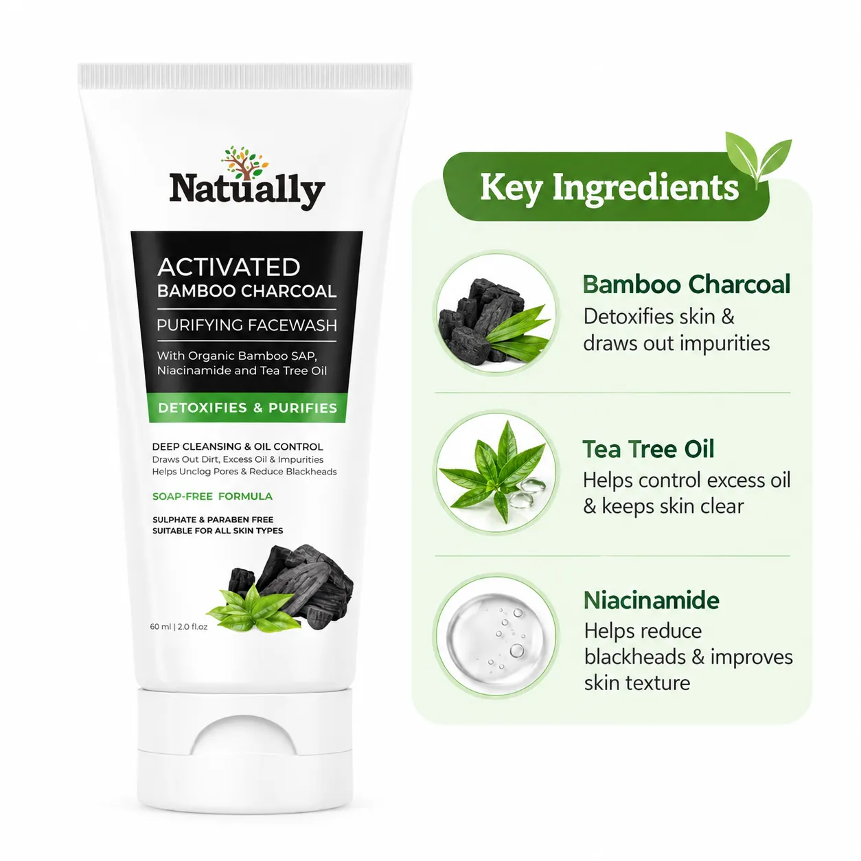 Natually Activated Bamboo Charcoal Purifying Facewash with Organic Bamboo Sap, Niacinamide & Tea Tree Oil – 60 ml - Image 4