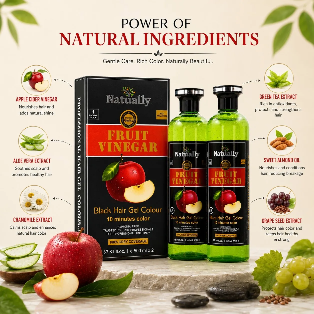 Natually Fruit Vinegar Black Hair Gel Colour – Natural Black (500 ml x 2) - Image 4