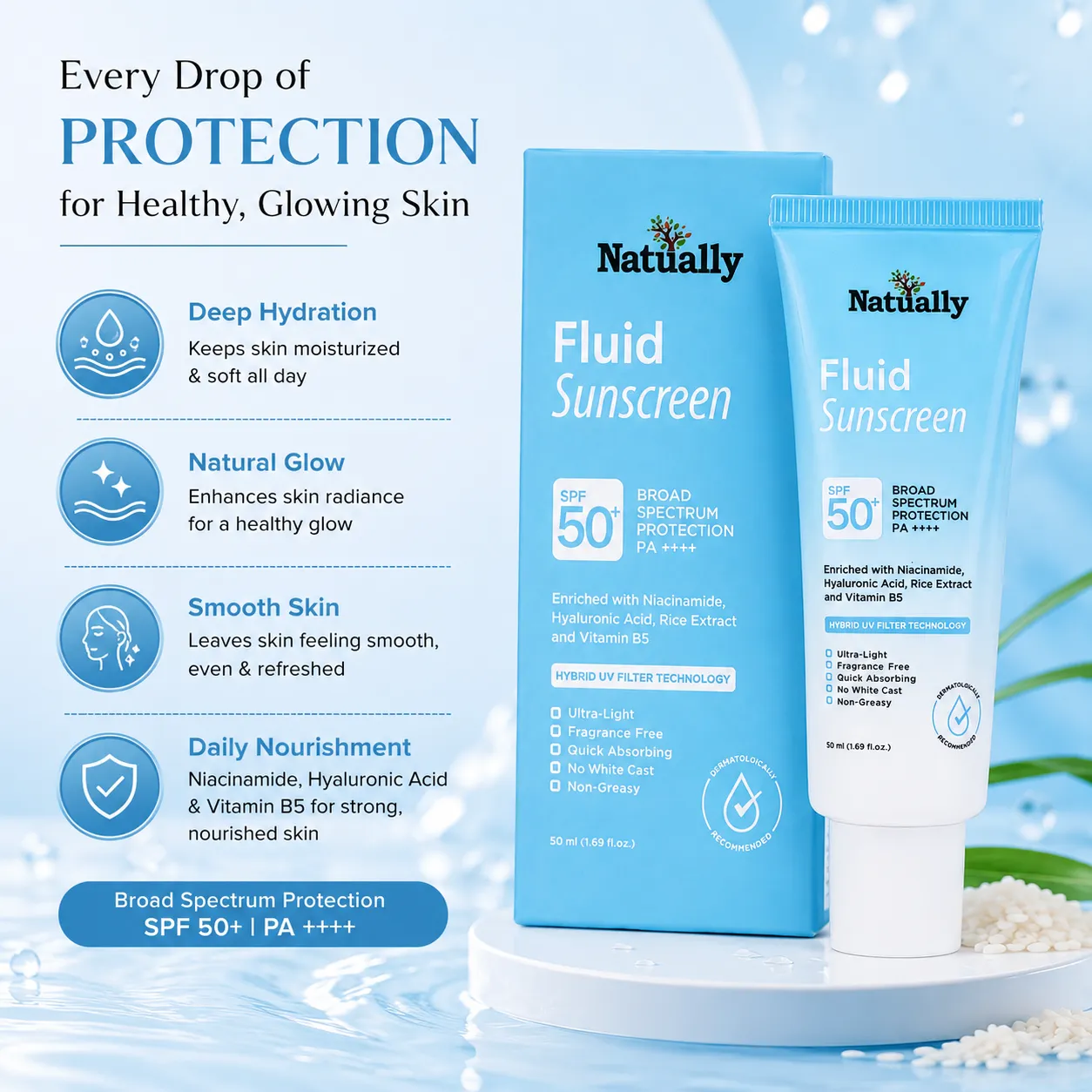 Natually Fluid Sunscreen SPF 50+ | Broad Spectrum Protection PA++++ - Image 2