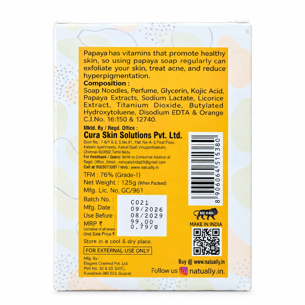 NATUALLY Exfoliating Bathing Bar with Papaya Extract and Kojic Acid - 125g - Image 2