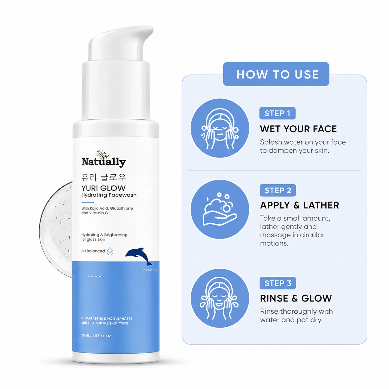 Natually YuriGlow Hydrating Facewash & kojic acid ,Glutathione and VitC &PH balanced & 100ml - Image 4