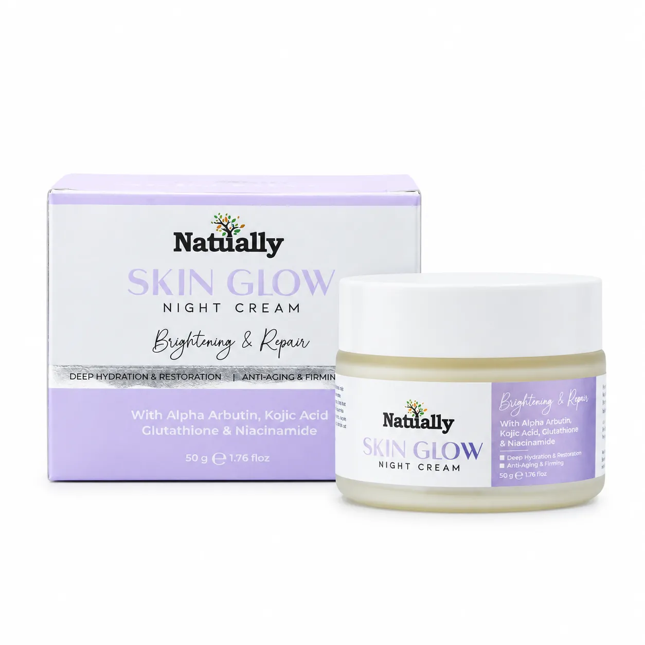 Natually Skin Glow Night Cream – Brightening & Repair Cream with Alpha Arbutin, Kojic Acid, Glutathione & Niacinamide, 50g