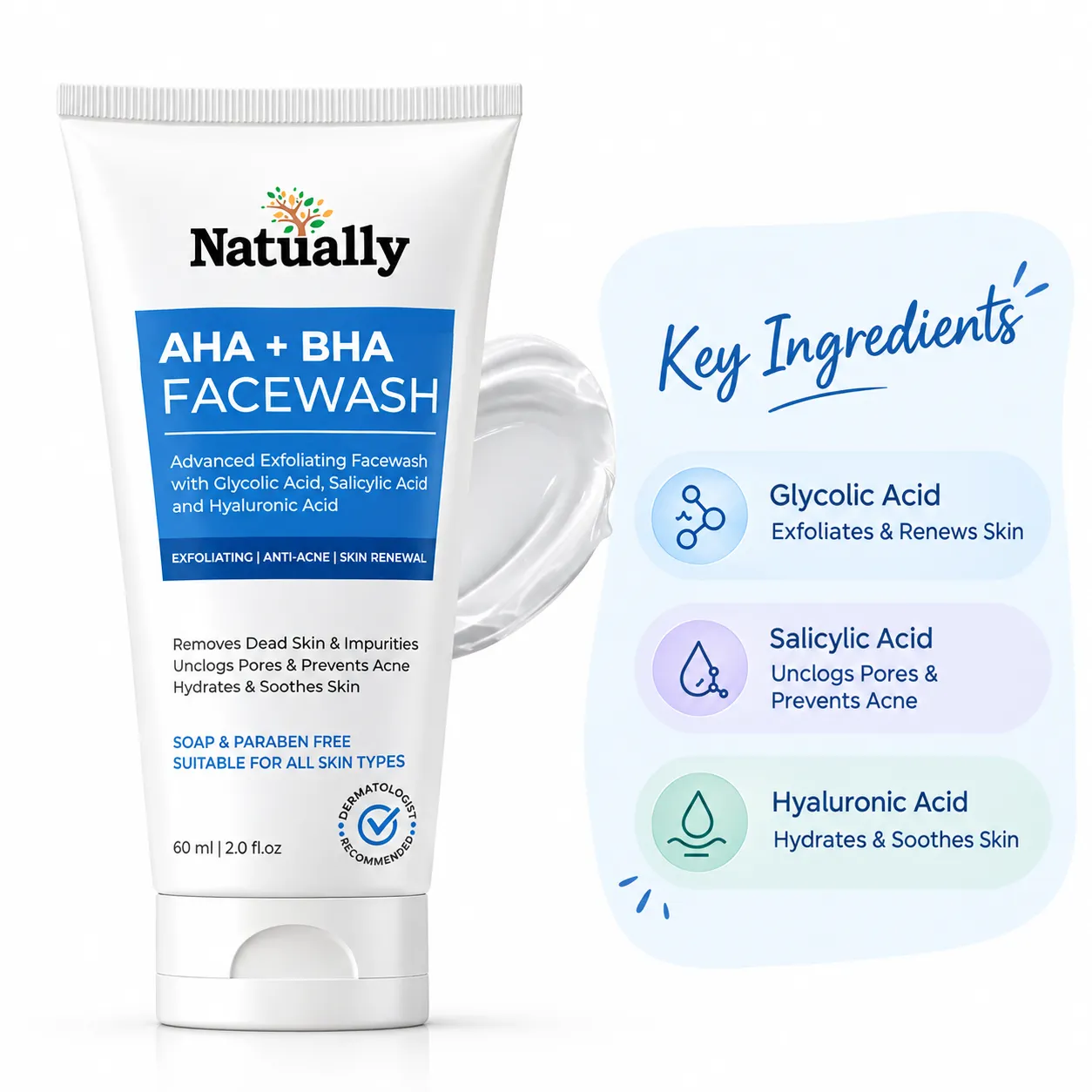 Natually AHA + BHA Advanced Exfoliating Facewash with Glycolic Acid, Salicylic Acid & Hyaluronic Acid – 60 ml - Image 4