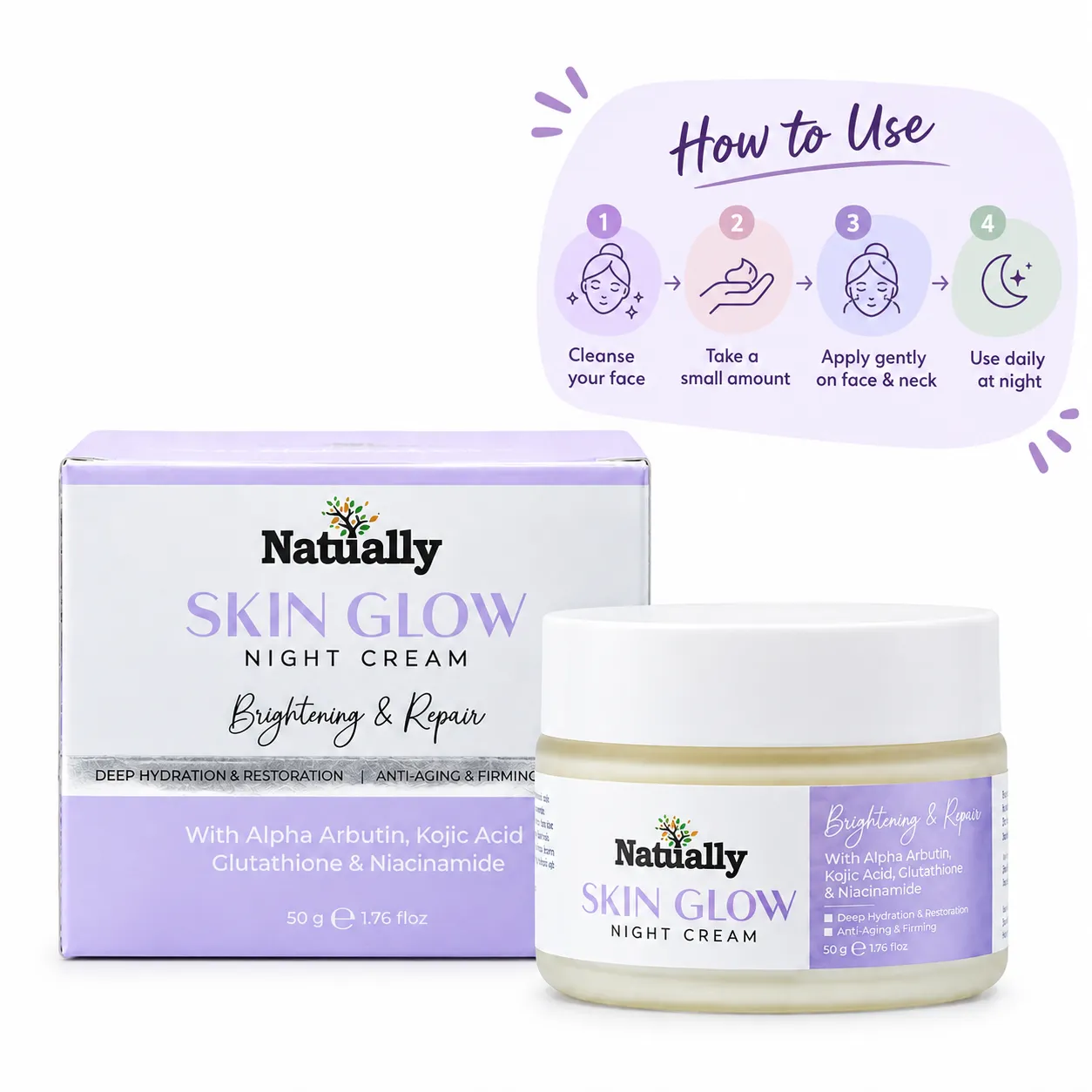 Natually Skin Glow Night Cream – Brightening & Repair Cream with Alpha Arbutin, Kojic Acid, Glutathione & Niacinamide, 50g - Image 4