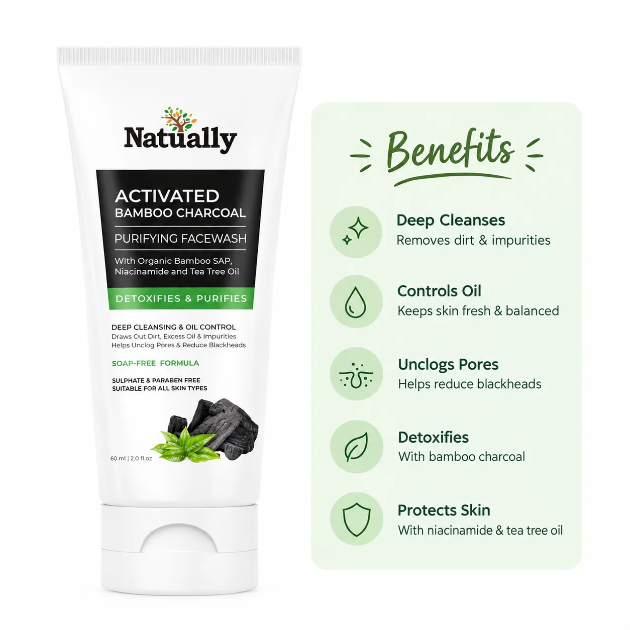 Natually Activated Bamboo Charcoal Purifying Facewash with Organic Bamboo Sap, Niacinamide & Tea Tree Oil – 60 ml - Image 3
