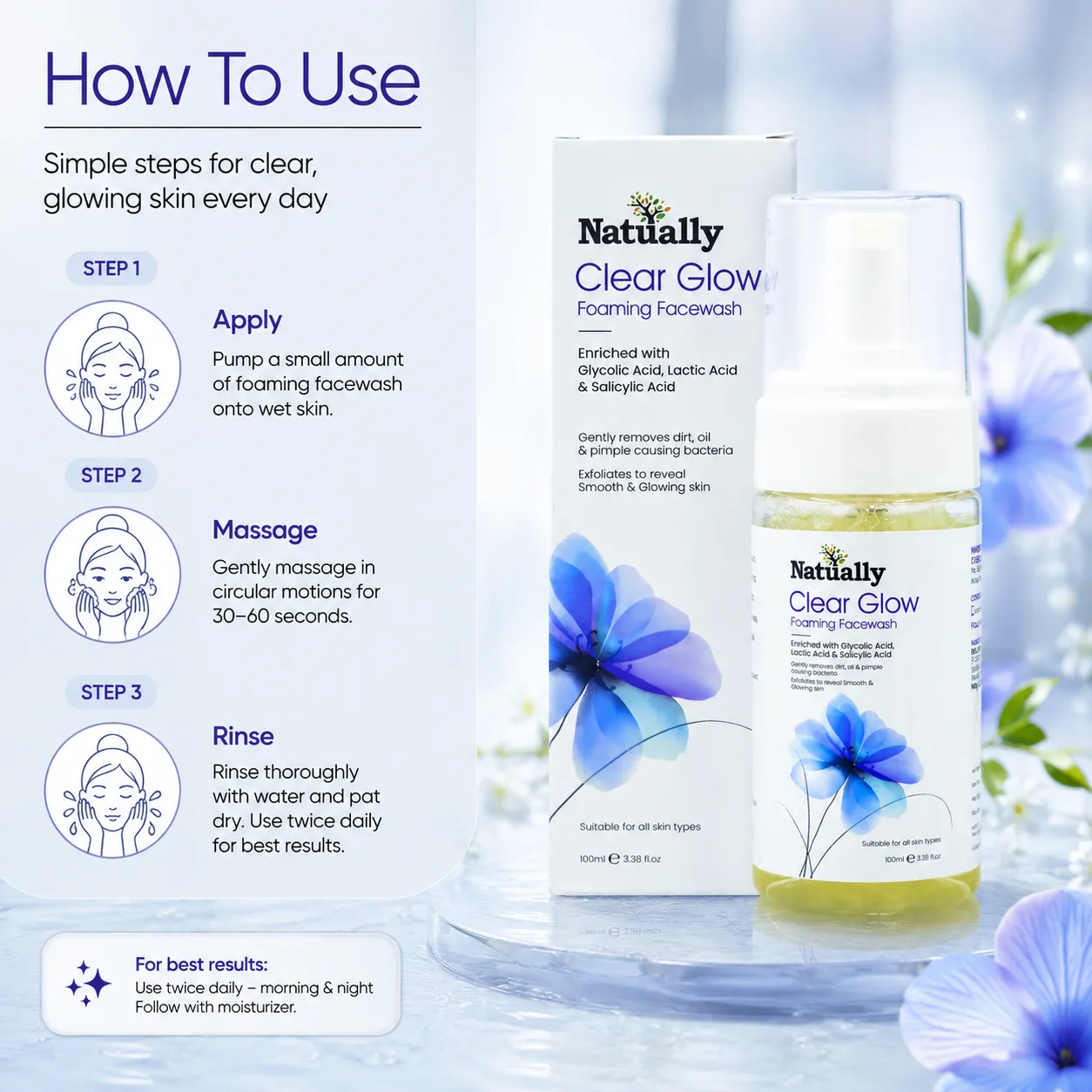 Natually ClearGlow Foaming Facewash - With Glycolic, Lactic & Salicylic Acid & 100ml - Image 5