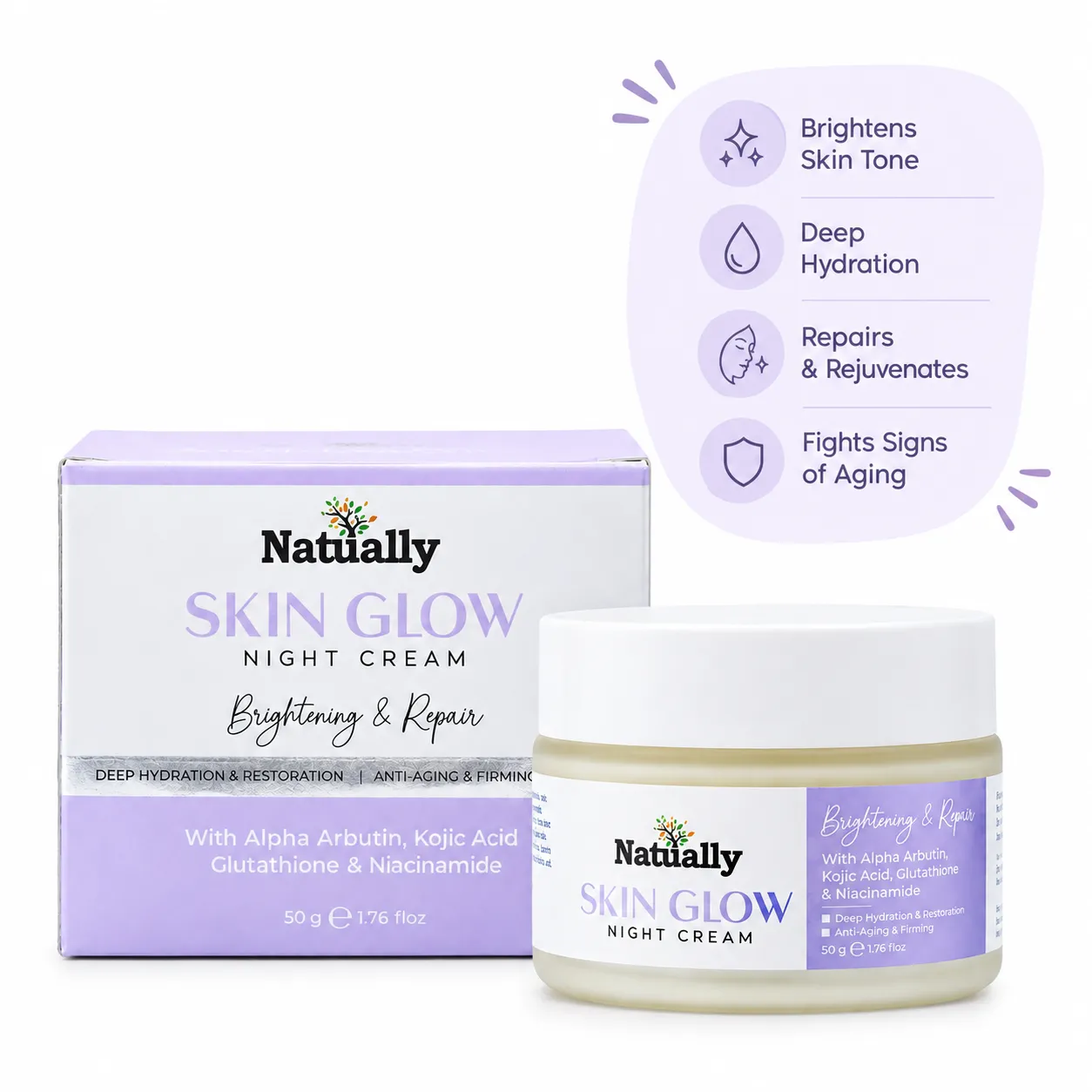 Natually Skin Glow Night Cream – Brightening & Repair Cream with Alpha Arbutin, Kojic Acid, Glutathione & Niacinamide, 50g - Image 2
