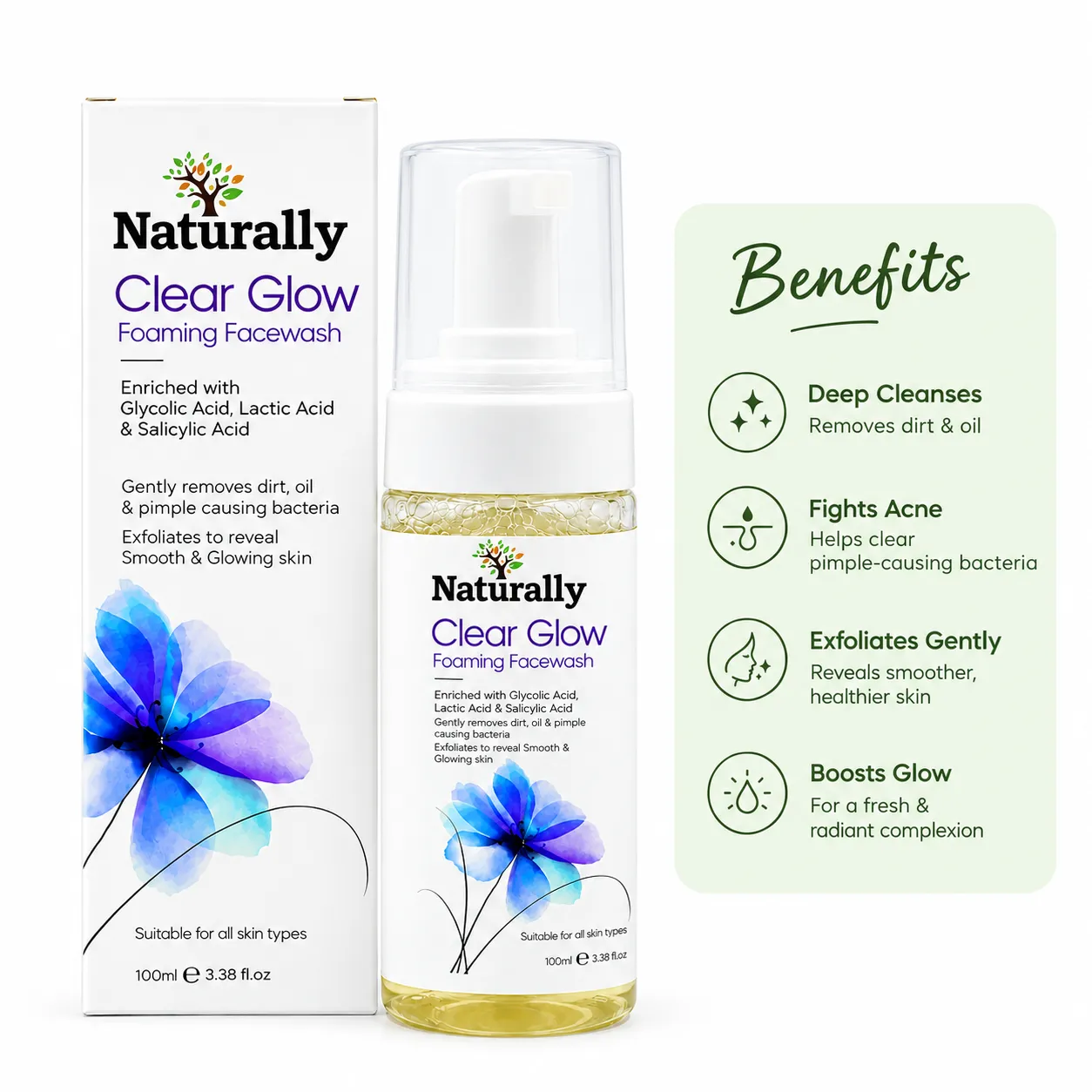 Natually ClearGlow Foaming Facewash - With Glycolic, Lactic & Salicylic Acid & 100ml - Image 3