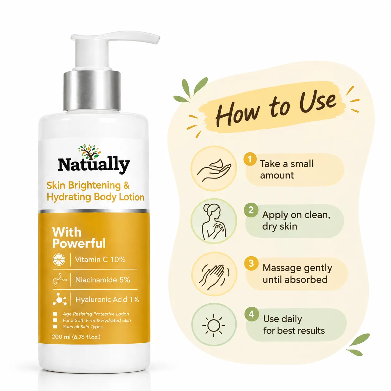 Natually Skin Brightening & Hydrating Body Lotion with Vitamin C 10%, Niacinamide 5% & Hyaluronic Acid 1% – 200 ml - Image 4
