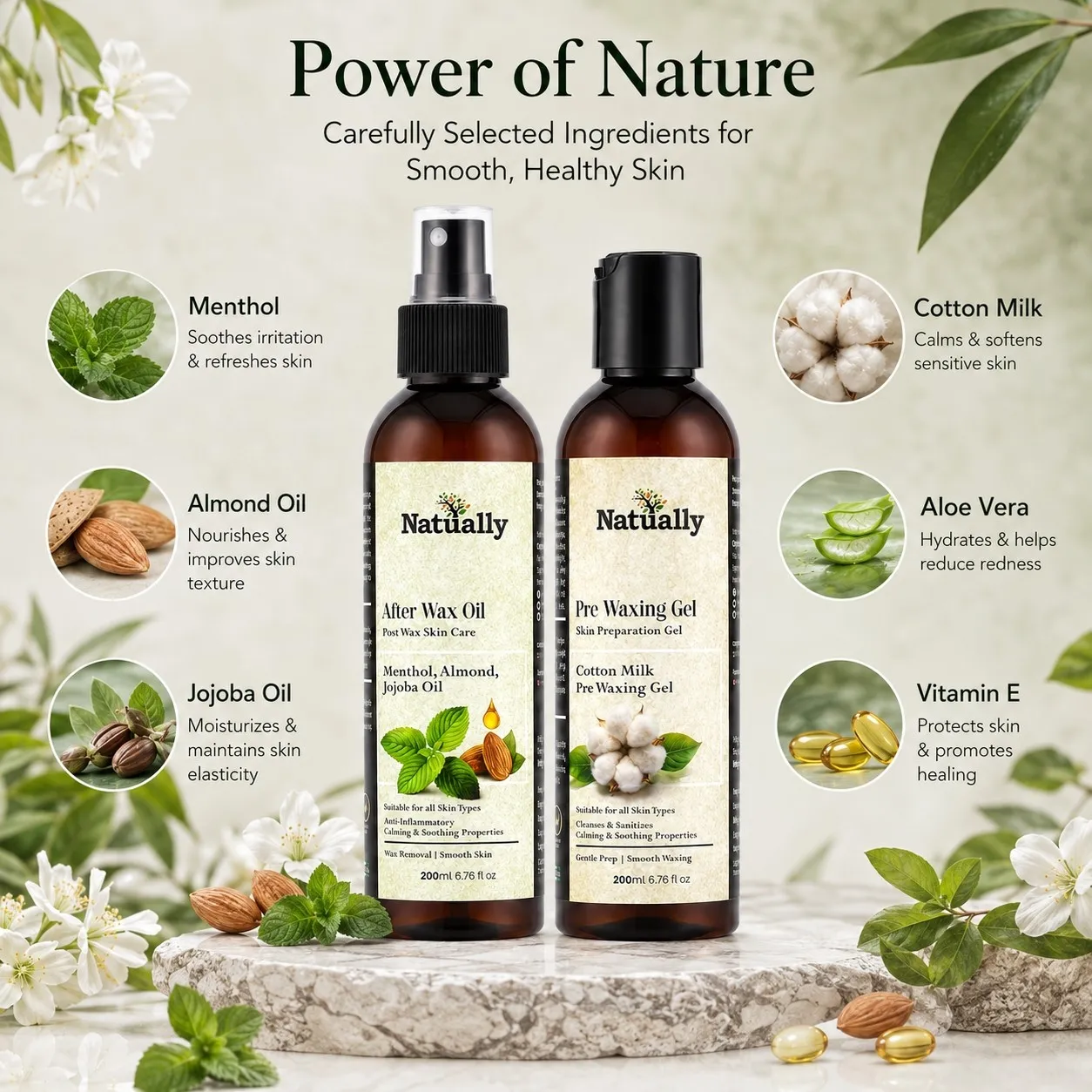 Natually Pre Waxing Gel & After Wax Oil Skin Care Combo (200ml + 200ml) - Image 3