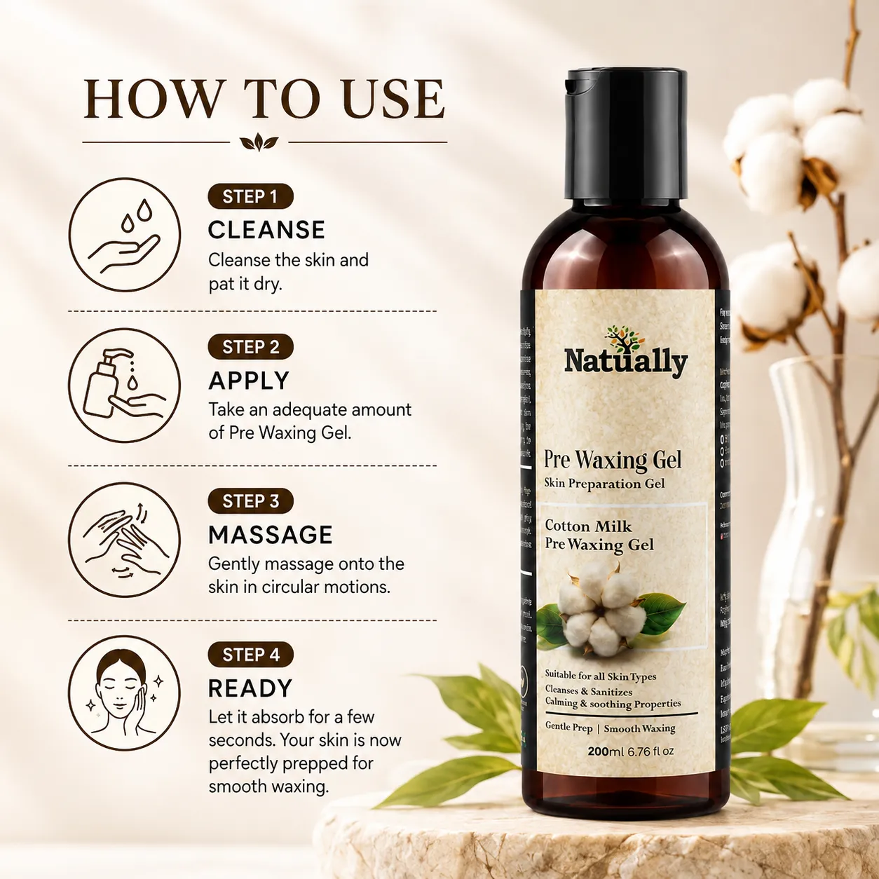 Natually Pre Waxing Gel – Skin Preparation Gel (Cotton Milk) 200ml - Image 4