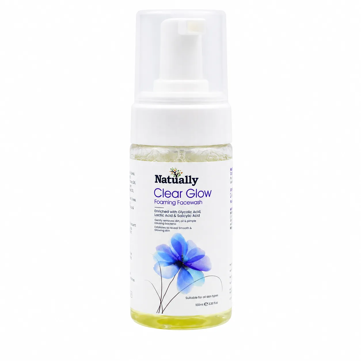 Natually ClearGlow Foaming Facewash - With Glycolic, Lactic & Salicylic Acid & 100ml - Image 2