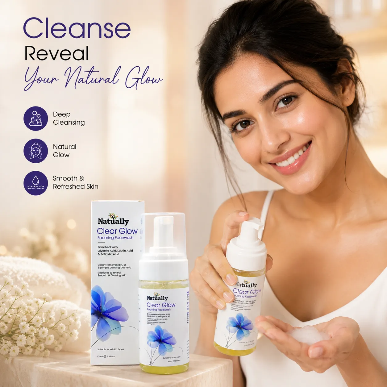 Natually ClearGlow Foaming Facewash - With Glycolic, Lactic & Salicylic Acid & 100ml - Image 6