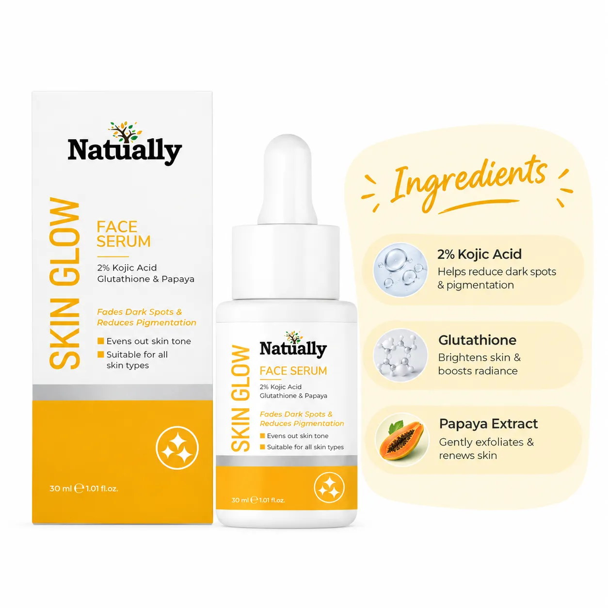 Natually Skin Glow Face Serum - 2% Kojic Acid, Glutathione and Papaya - 30ml - Image 3