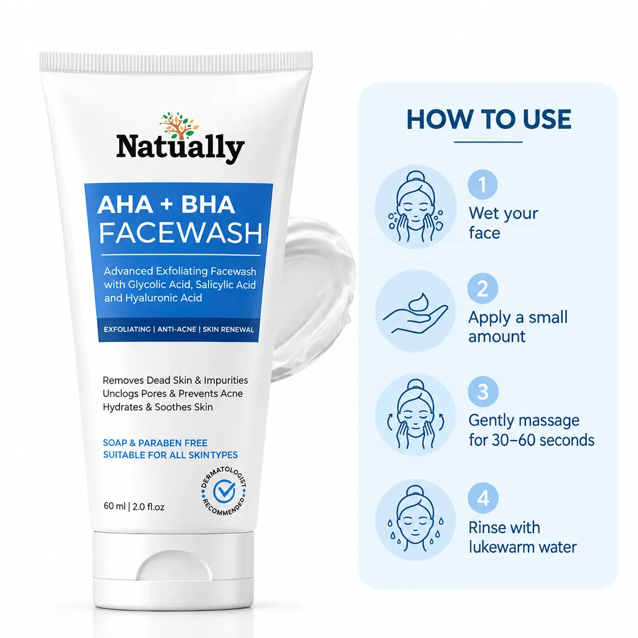 Natually AHA + BHA Advanced Exfoliating Facewash with Glycolic Acid, Salicylic Acid & Hyaluronic Acid – 60 ml - Image 5
