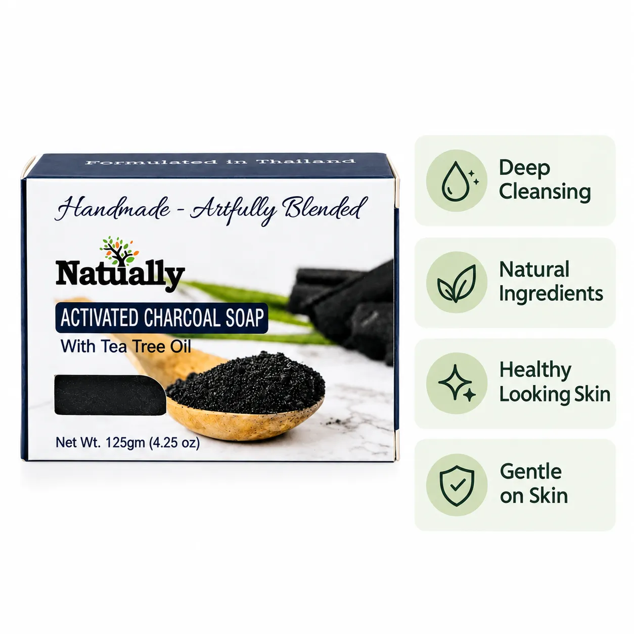 Natually Activated Charcoal Soap with Tea Tree Oil – 125g - Image 3