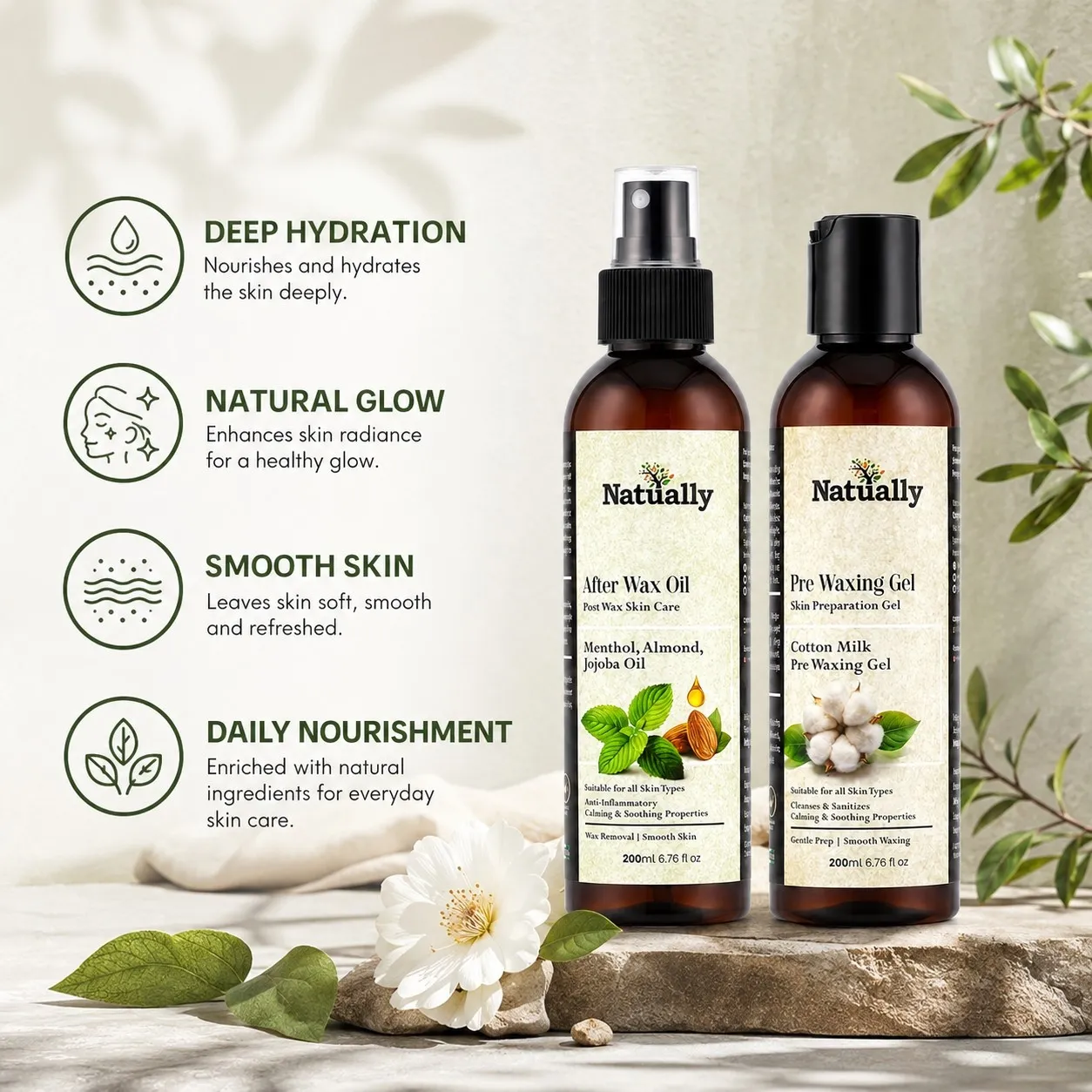Natually Pre Waxing Gel & After Wax Oil Skin Care Combo (200ml + 200ml) - Image 2