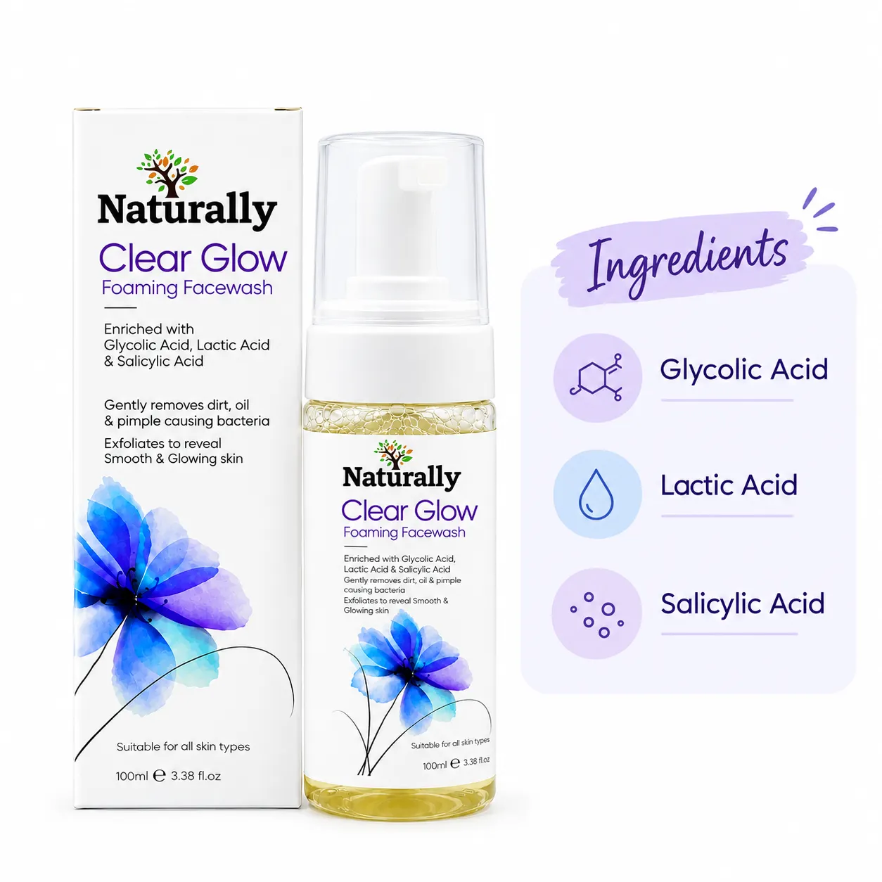 Natually ClearGlow Foaming Facewash - With Glycolic, Lactic & Salicylic Acid & 100ml - Image 4