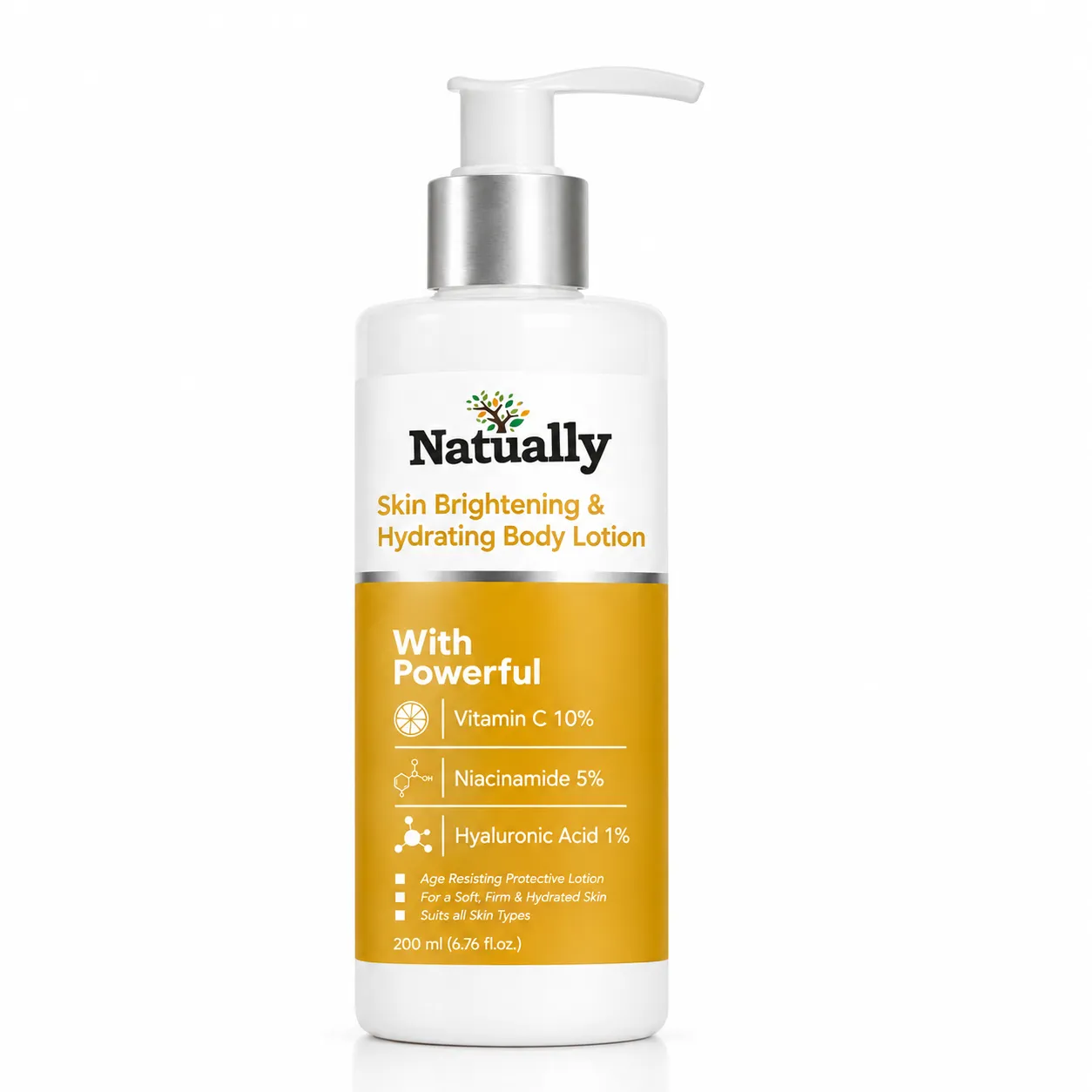 Natually Skin Brightening & Hydrating Body Lotion with Vitamin C 10%, Niacinamide 5% & Hyaluronic Acid 1% – 200 ml
