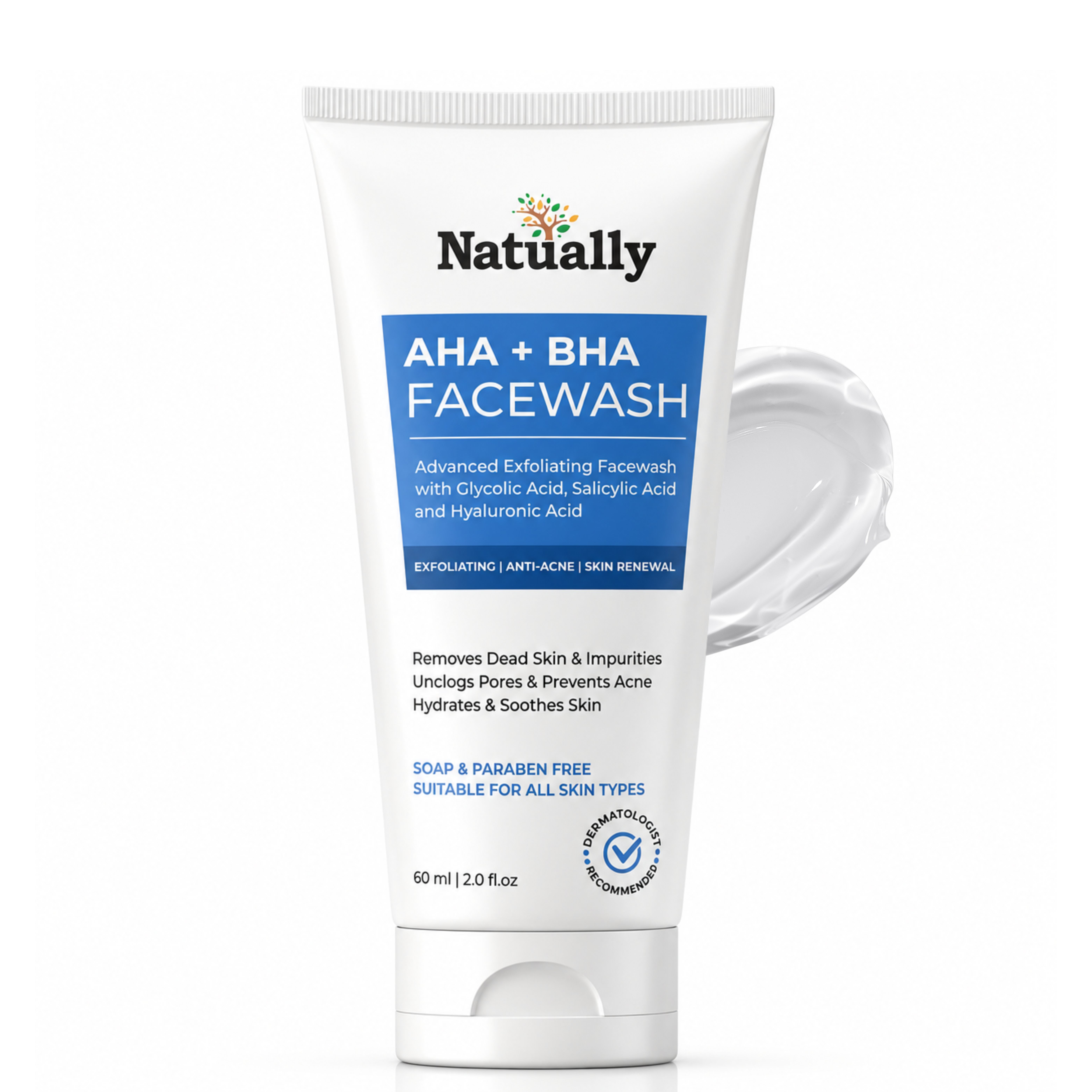 Natually AHA+BHA FaceWash - Glycolic , Salicylic & Hyaluronic Acid