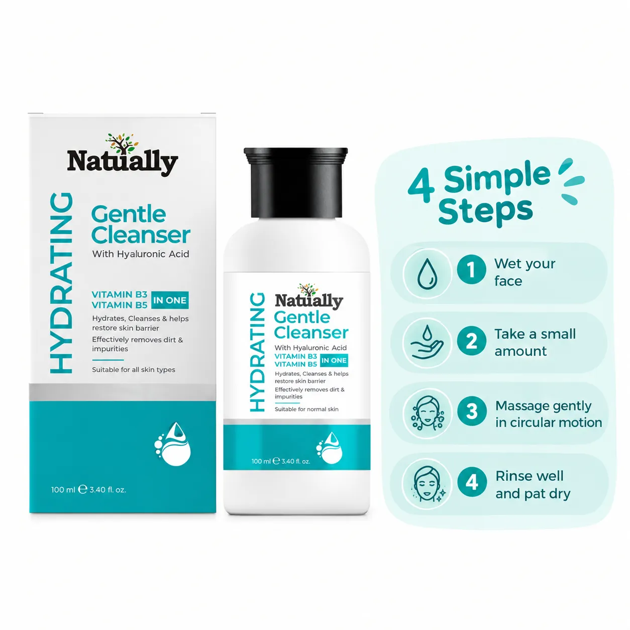 Natually Hydrating Cleanser (100ml) - Non-Foaming Face Wash with Hyaluronic Acid & Non-Irritating And Fragrance-Free Cleanser - Image 4