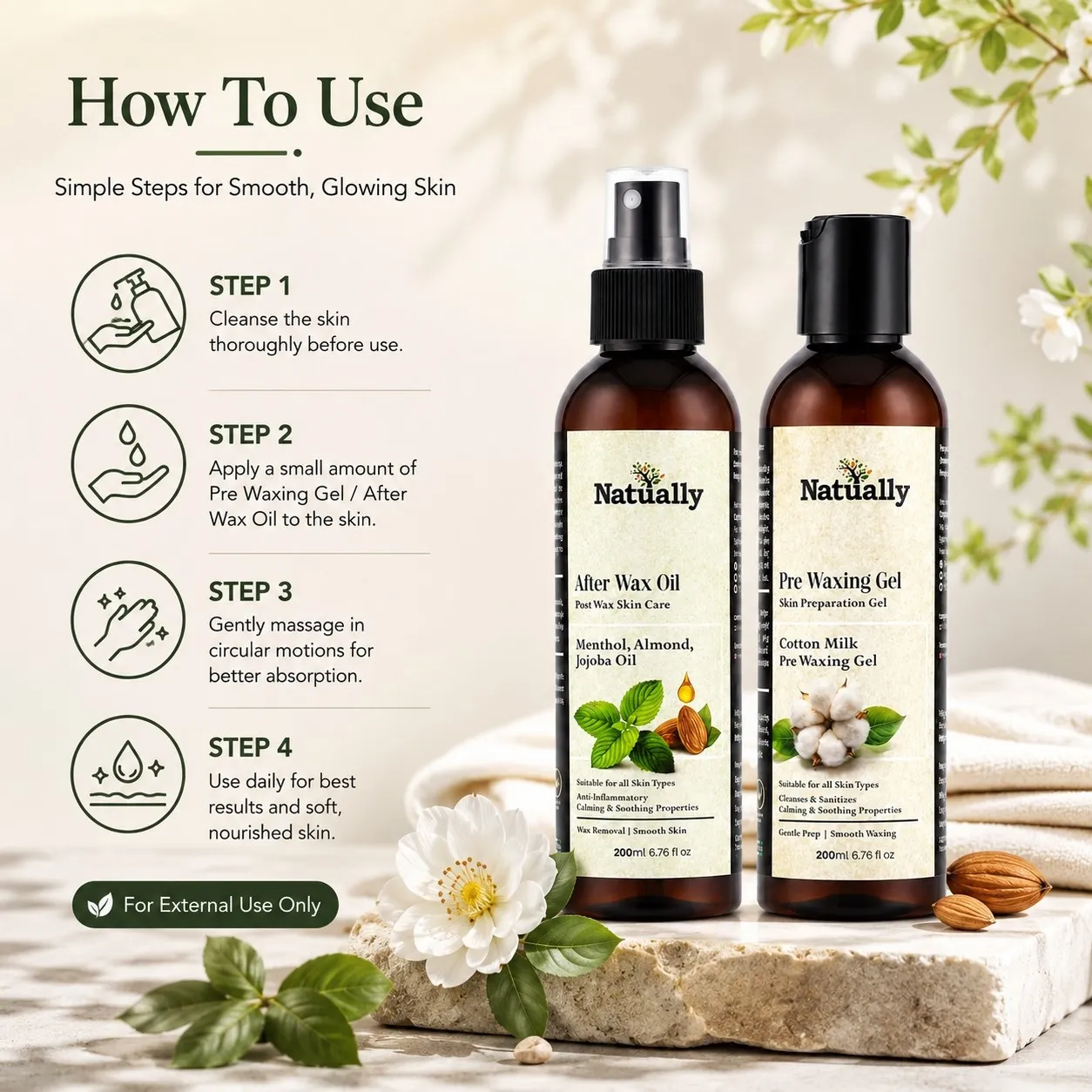Natually Pre Waxing Gel & After Wax Oil Skin Care Combo (200ml + 200ml) - Image 4