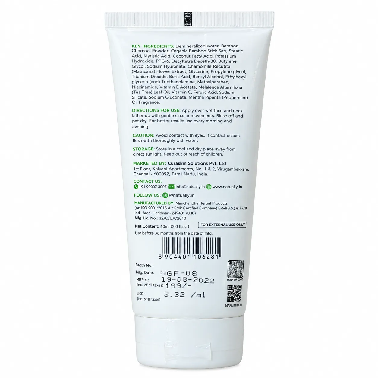 Natually Activated Bamboo Charcoal Purifying Facewash with Organic Bamboo Sap, Niacinamide & Tea Tree Oil – 60 ml - Image 2