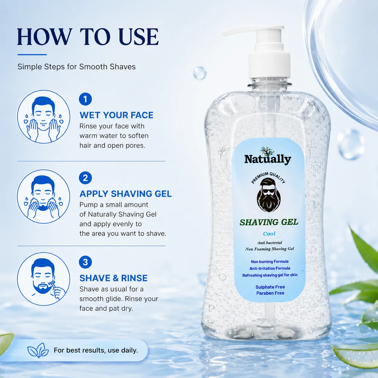 Natually  Cool Non-Foaming Shaving Gel  | Anti-Bacterial | Sulphate & Paraben Free - Image 3
