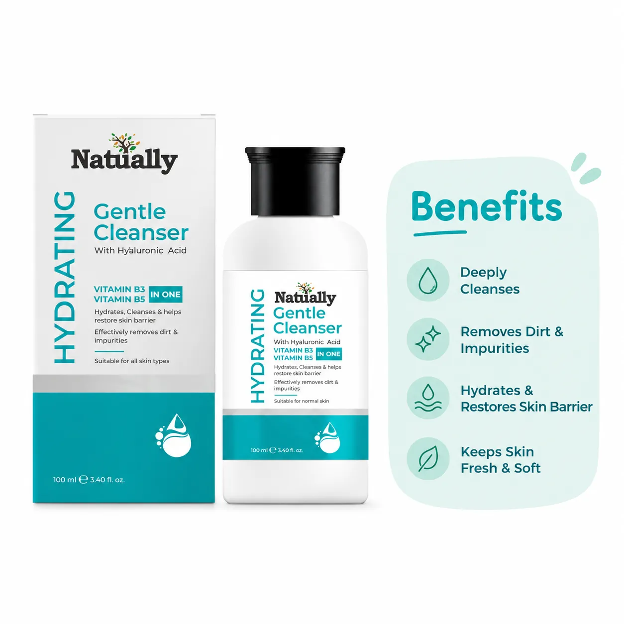 Natually Hydrating Cleanser (100ml) - Non-Foaming Face Wash with Hyaluronic Acid & Non-Irritating And Fragrance-Free Cleanser - Image 2