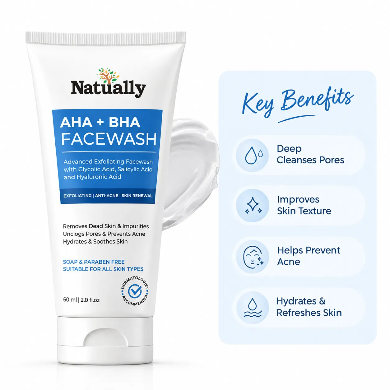 Natually AHA + BHA Advanced Exfoliating Facewash with Glycolic Acid, Salicylic Acid & Hyaluronic Acid – 60 ml - Image 3