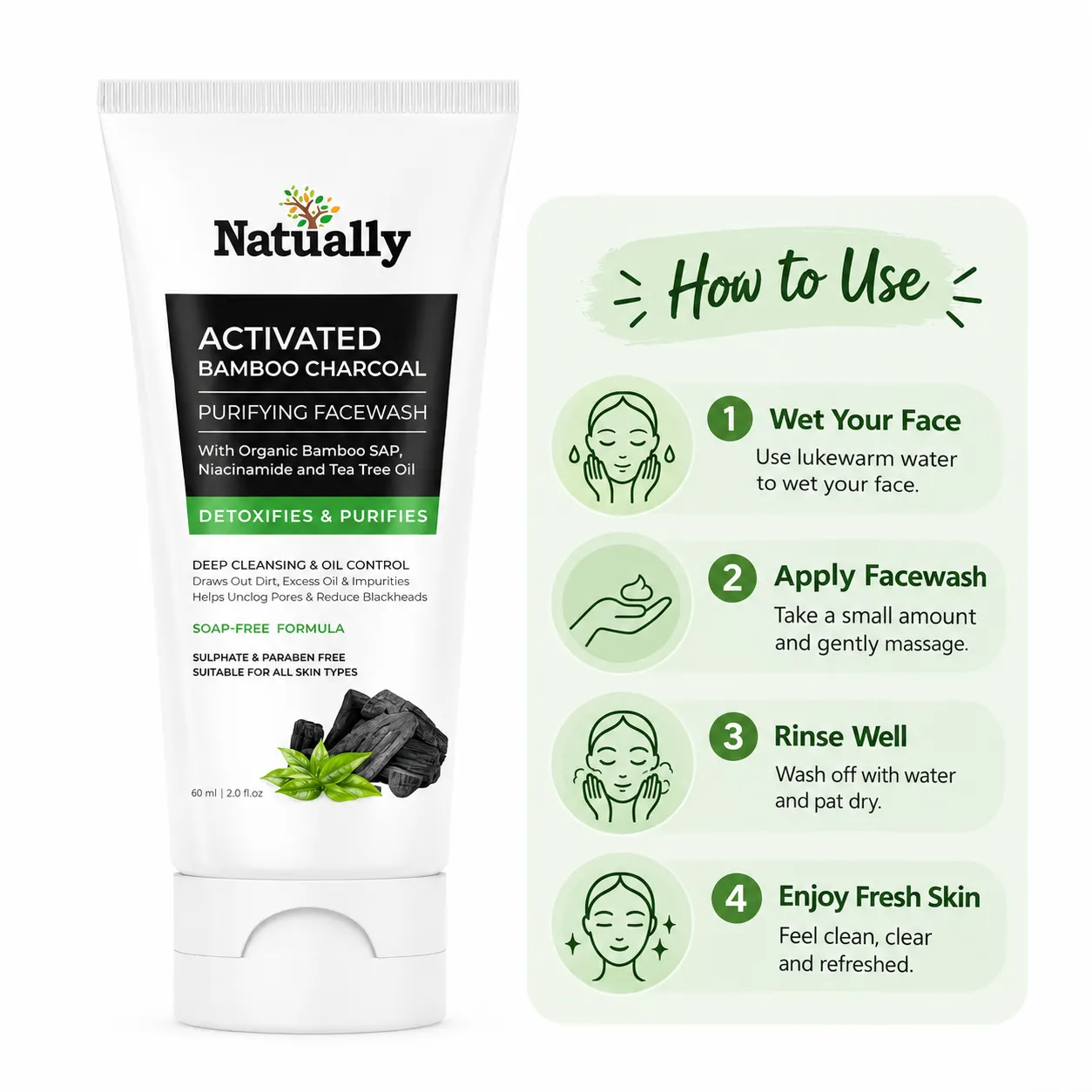 Natually Activated Bamboo Charcoal Purifying Facewash with Organic Bamboo Sap, Niacinamide & Tea Tree Oil – 60 ml - Image 5