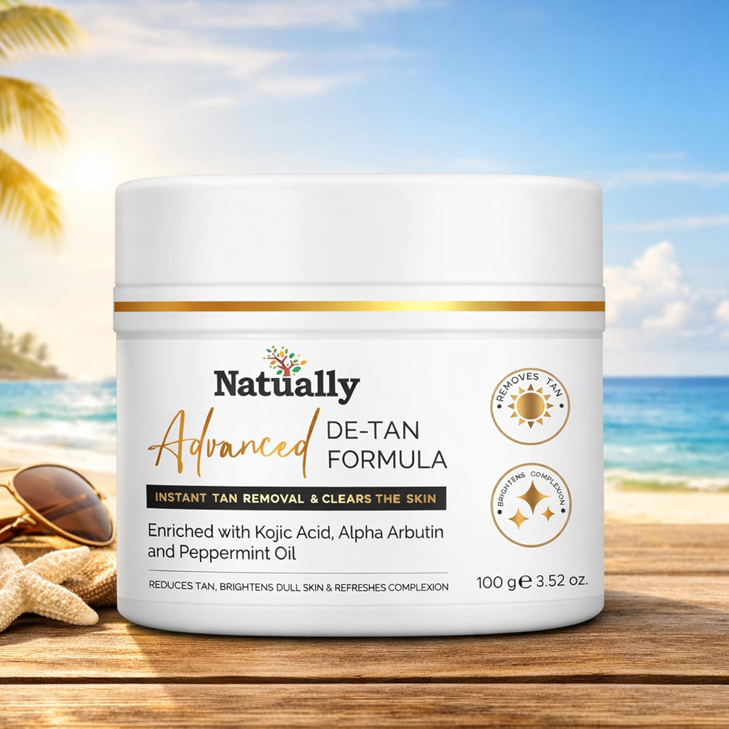 Advanced De-Tan Formula with Kojic Acid & Alpha Arbutin for Bright, Even Skin Tone