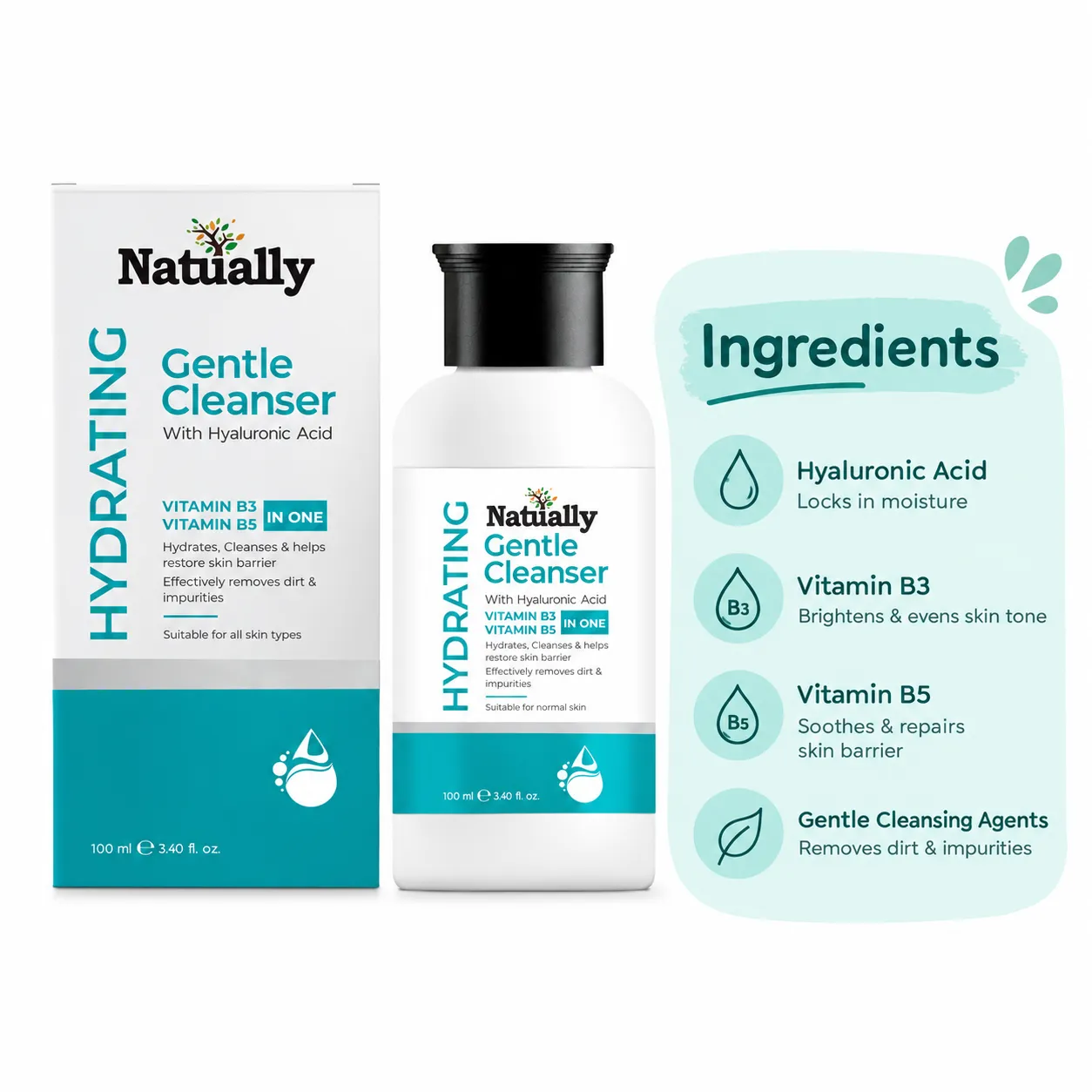 Natually Hydrating Cleanser (100ml) - Non-Foaming Face Wash with Hyaluronic Acid & Non-Irritating And Fragrance-Free Cleanser - Image 3