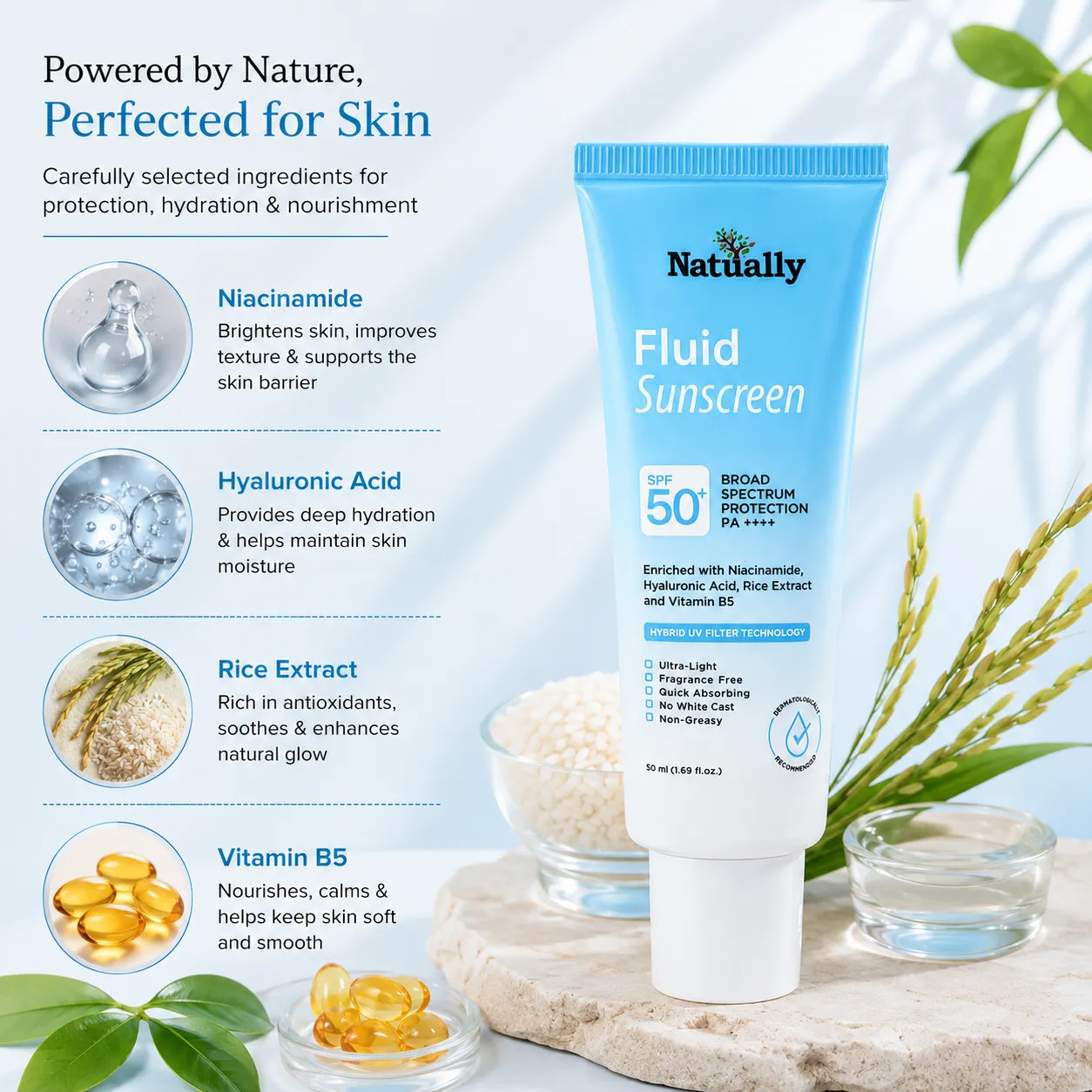 Natually Fluid Sunscreen SPF 50+ | Broad Spectrum Protection PA++++ - Image 3