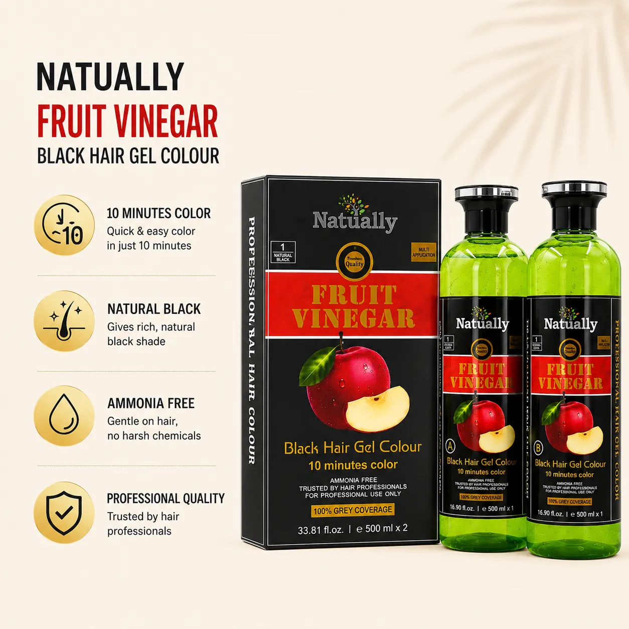 Natually Fruit Vinegar Black Hair Gel Colour – Natural Black (500 ml x 2) - Image 3