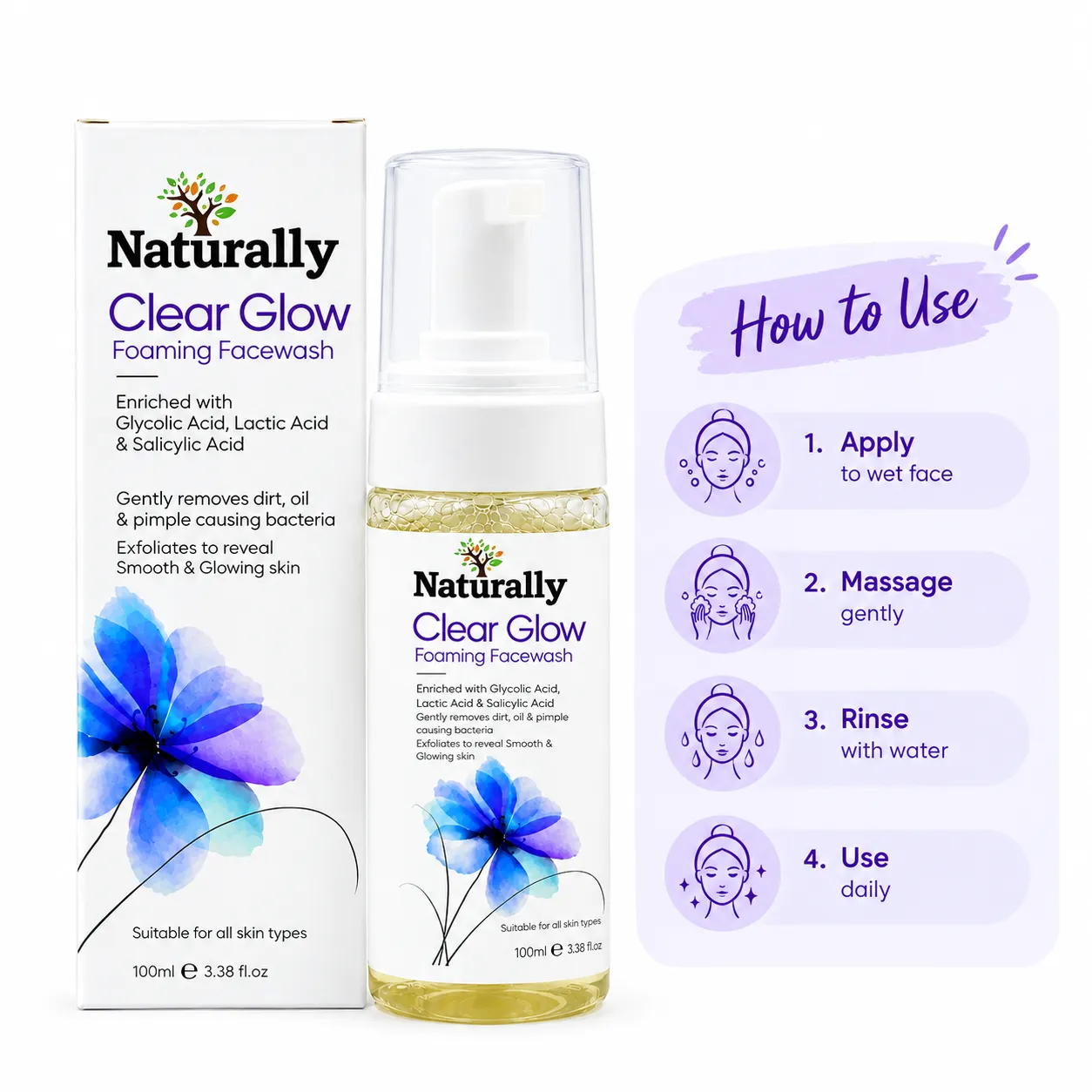Natually ClearGlow Foaming Facewash - With Glycolic, Lactic & Salicylic Acid & 100ml - Image 5