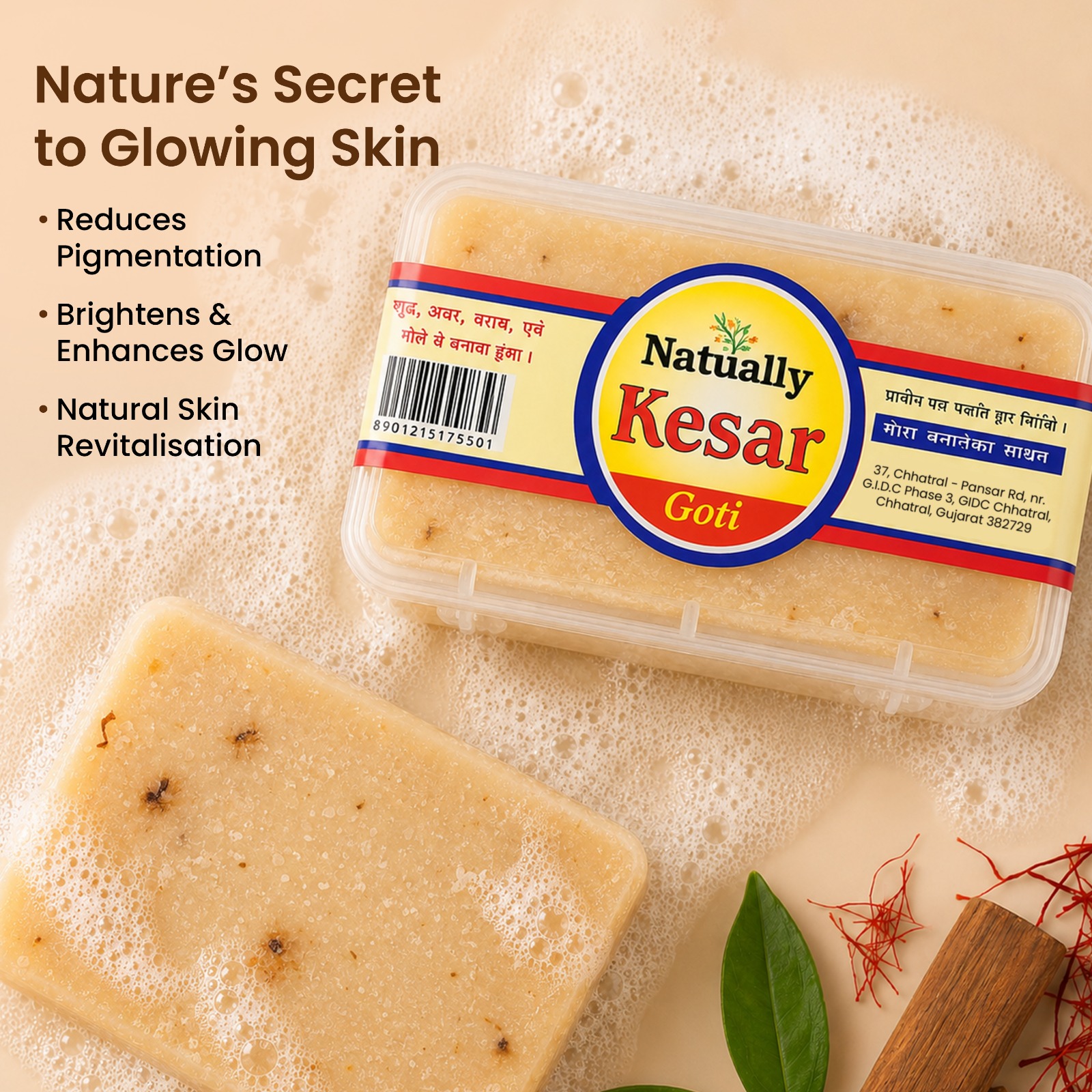 NATUALLY Kesar Soap - Enriched with Kesar - Unscented Vegan Soap Bar - 4.5 Oz - Image 2