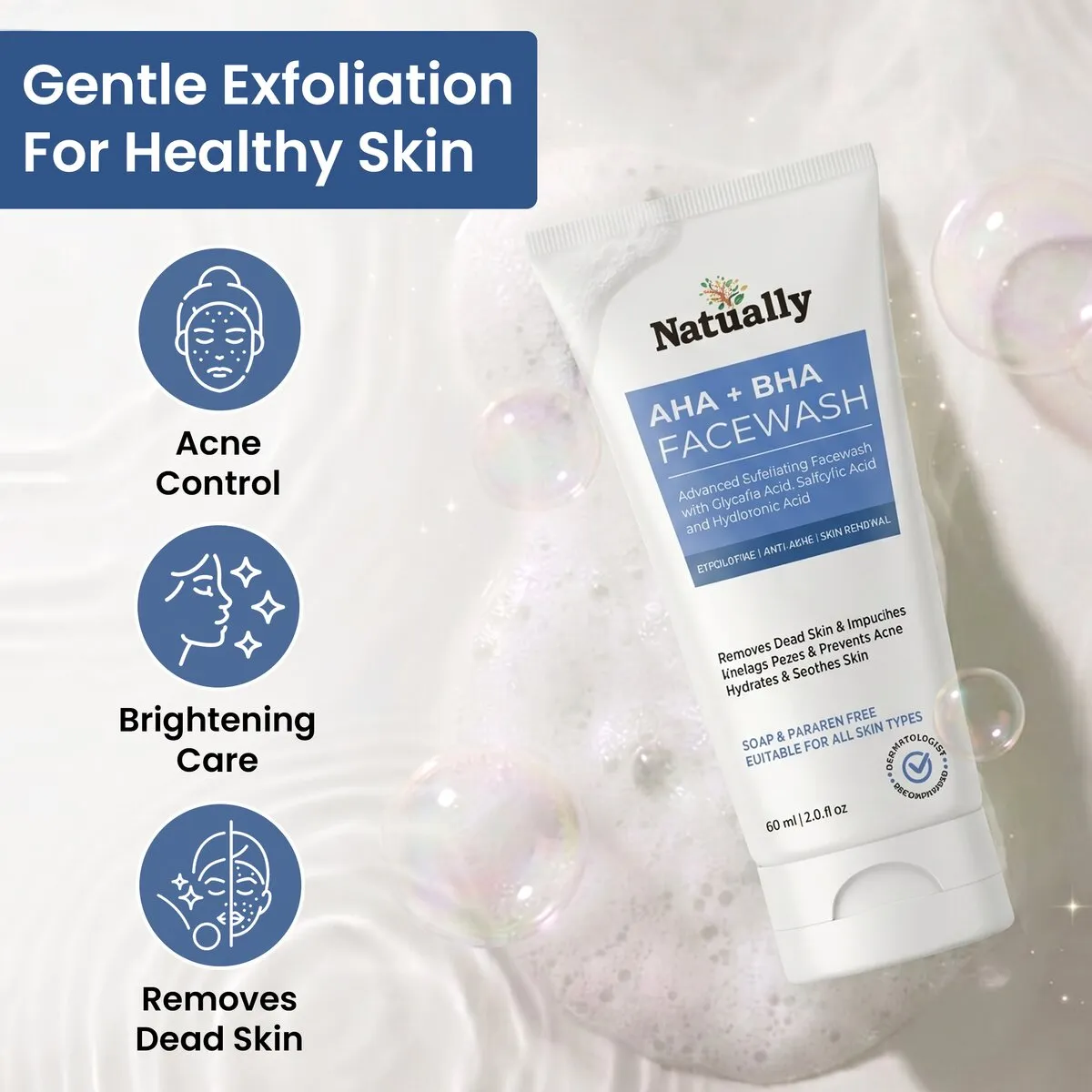 Natually AHA+BHA FaceWash - Glycolic , Salicylic & Hyaluronic Acid - Image 2